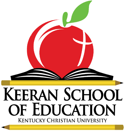 Logo of Keeran School of Education at Kentucky Christian University, featuring an apple, an open book, and two pencils.