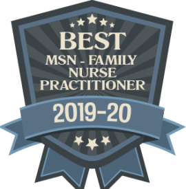 Award badge with text "BEST MSN - FAMILY NURSE PRACTITIONER 2019-20" on a dark blue shield with stars and a light blue ribbon.