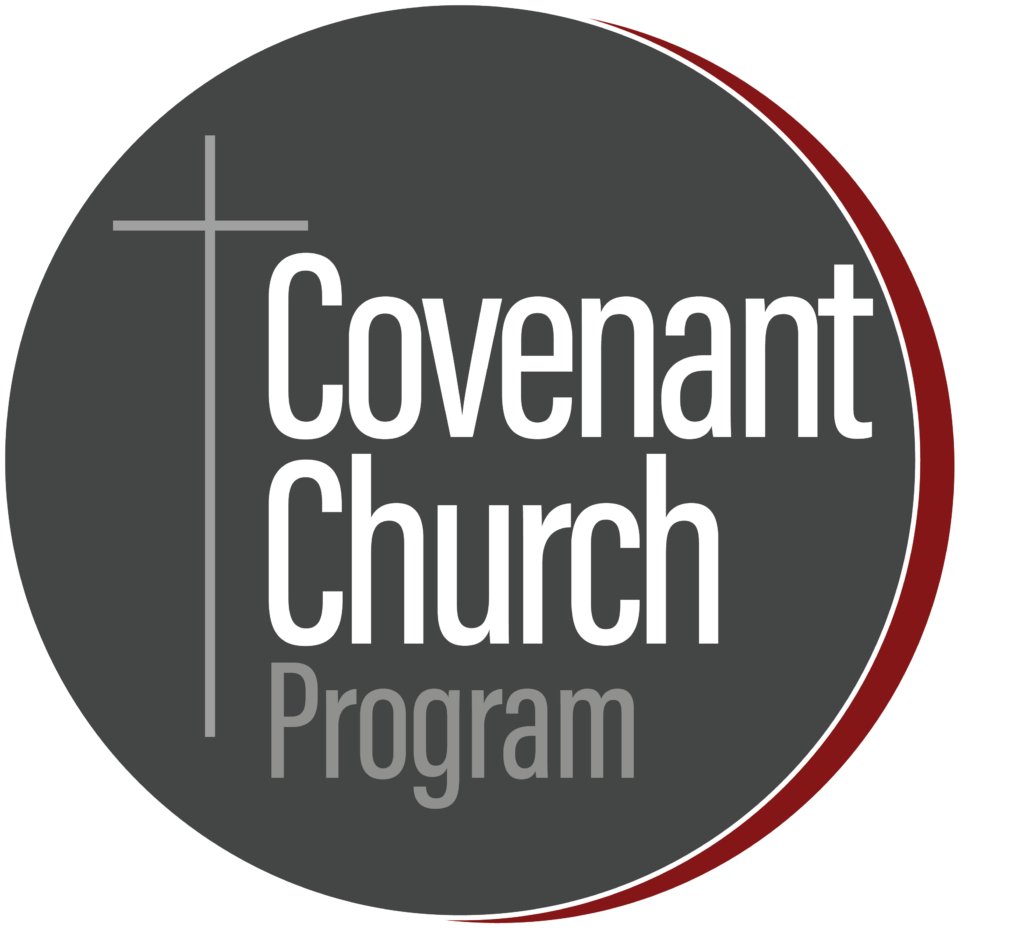 A circular logo with a dark gray background, featuring a cross and the words "Covenant Church Program" written in white. A thin red outline partly borders the circle.