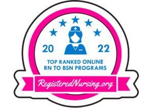 A badge from RegisteredNursing.org reads "Top Ranked Online RN to BSN Programs 2022," featuring a healthcare figure and five stars.