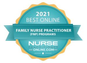 Badge displaying "2021 Best Online Family Nurse Practitioner (FNP) Programs" awarded by NursePractitionerOnline.com.