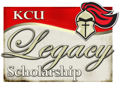 Logo for KCU Legacy Scholarship, featuring a stylized knight helmet with a red plume and the text "KCU Legacy Scholarship" in elegant script and bold letters.