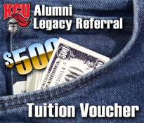 A $500 tuition voucher for KGU Alumni Legacy Referral is partially visible in a denim pocket.