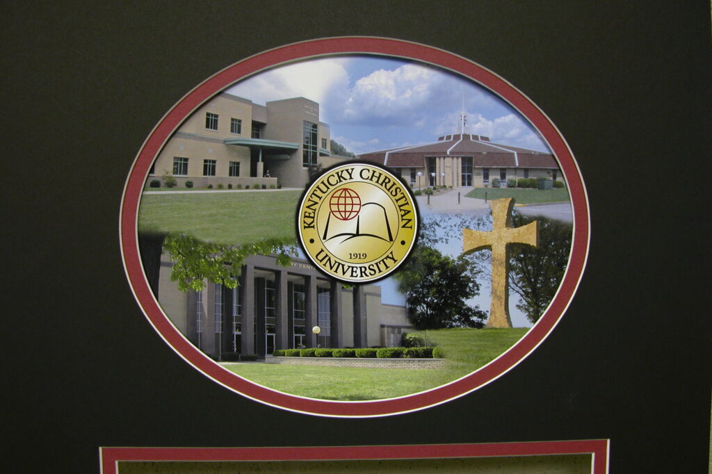 A collage featuring the logo of Kentucky Christian University, showing campus buildings, a large cross, and grassy areas under a clear sky.