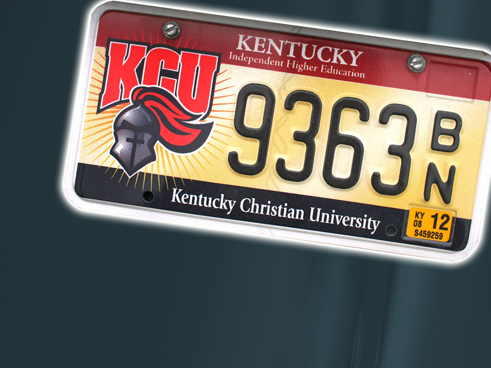 Kentucky Christian University license plate with "9363 BN" and KY registration sticker valid through December 2012.