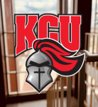 Logo of KGU featuring a knight's helmet with a red plume, placed in the foreground of an indoor staircase scene with sunlight coming through windows.