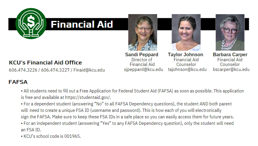 Informational flyer about KCU’s Financial Aid Office, featuring contact details and staff names, with instructions on filling out FAFSA for dependent and independent students. KCU's school code is 001965.