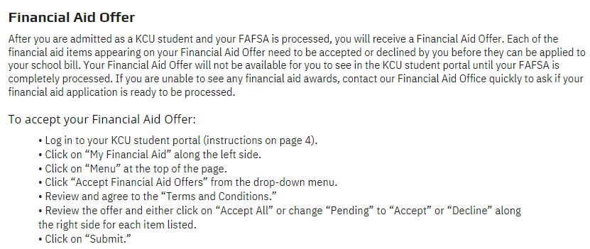 Screenshot of instructions for accepting a financial aid offer from KCU, detailing steps to log in, review the offer, agree to terms and conditions, and submit the decision on the student portal.