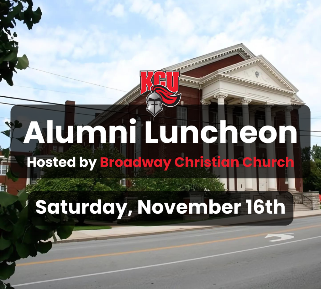 Image of a church building with a flyer overlay. Text reads: "Alumni Luncheon Hosted by Broadway Christian Church Saturday, November 16th.