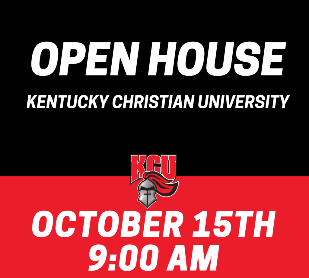 Open House event at Kentucky Christian University on October 15th at 9:00 AM. Red and black background with a knight logo.