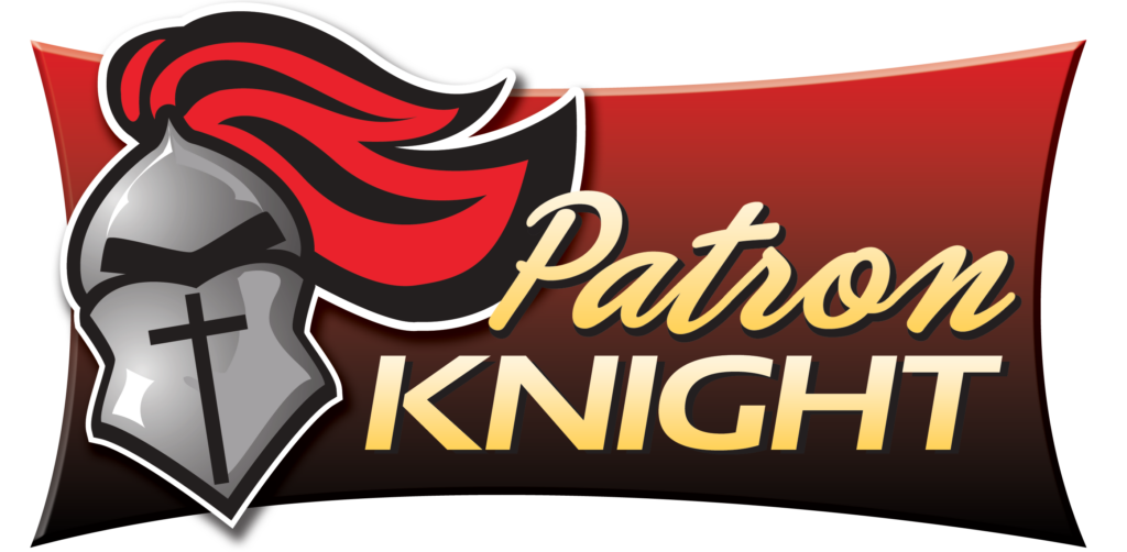 Logo featuring a knight's helmet with a red plume on a red and black gradient background, accompanied by the text "Patron Knight" in yellow and beige.