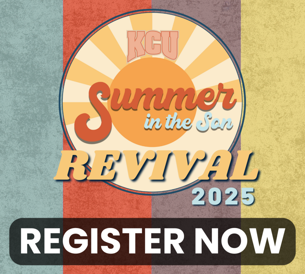 Event poster with "KCU Summer in the Son Revival 2025" and a "Register Now" button. Background features vertical stripes in teal, red, and yellow.