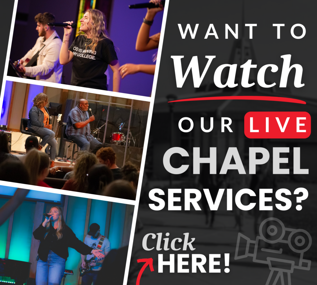 Collage promoting live chapel services with people speaking on stage and an audience. Text reads: "Want to watch our live chapel services? Click here!.