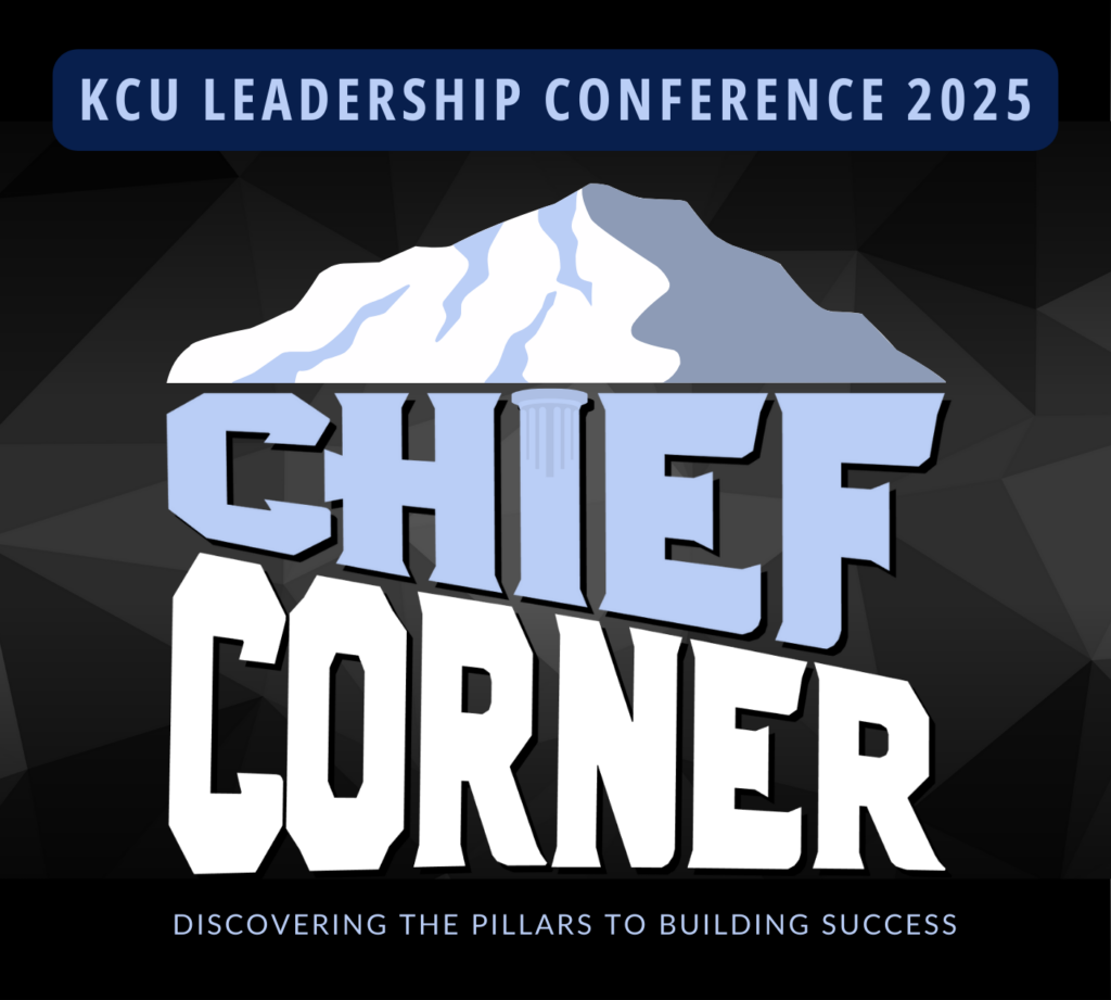 Logo for the KCU Leadership Conference 2025 titled "Chief Corner," featuring a mountain graphic and the tagline "Discovering the Pillars to Building Success.